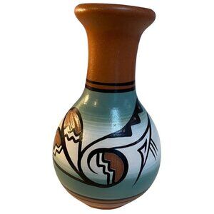 Native American Signed Clay Redware Pottery 7" Vase Hand Painted Glazed